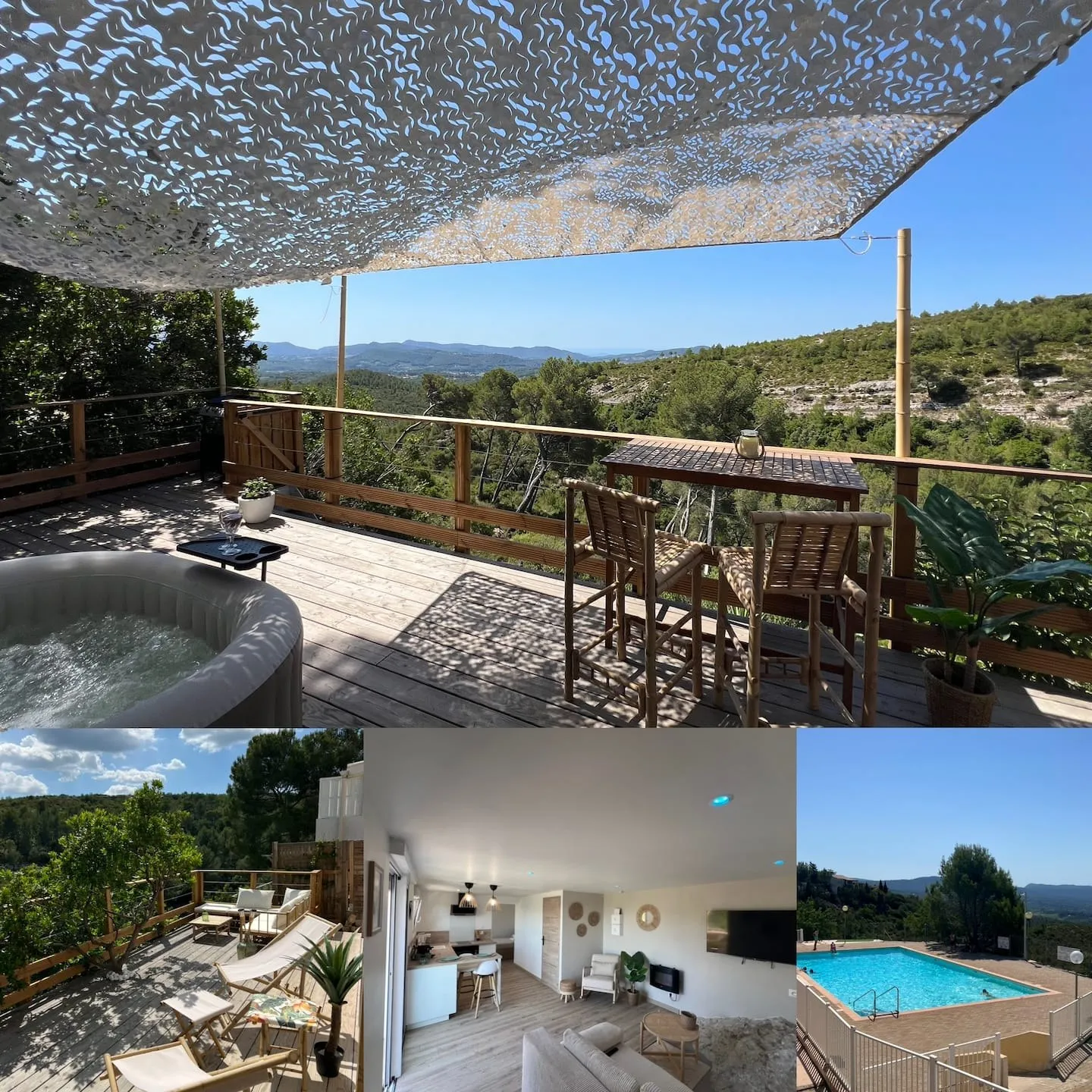 Montage de photos : terrasse avec jacuzzi face à la pinède, salon et piscine du parc